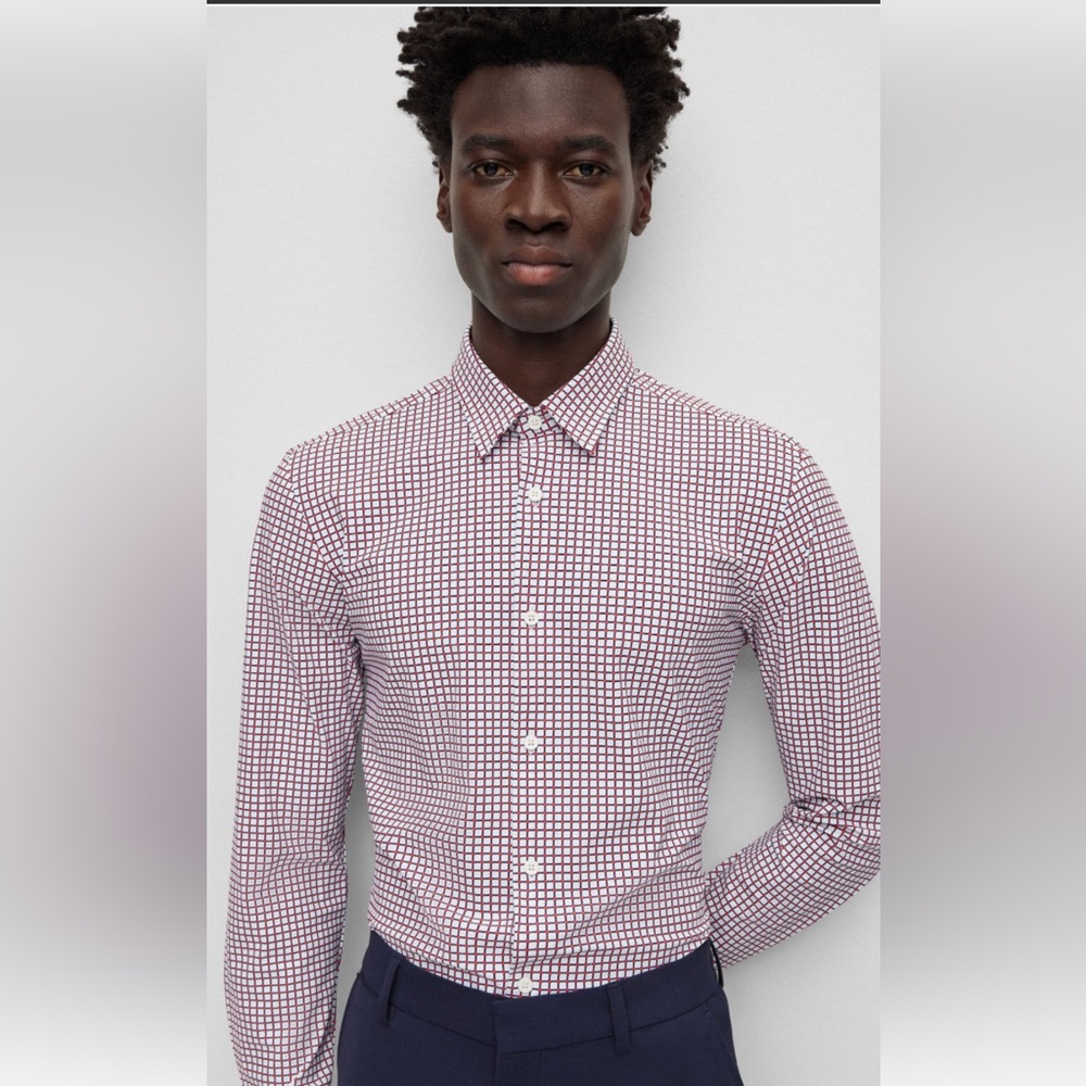 Hugo Boss Red and White Dress Shirt with Gingham Pattern sharp fit